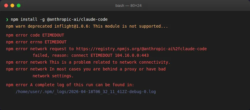 npm install 超时报错 ETIMEDOUT