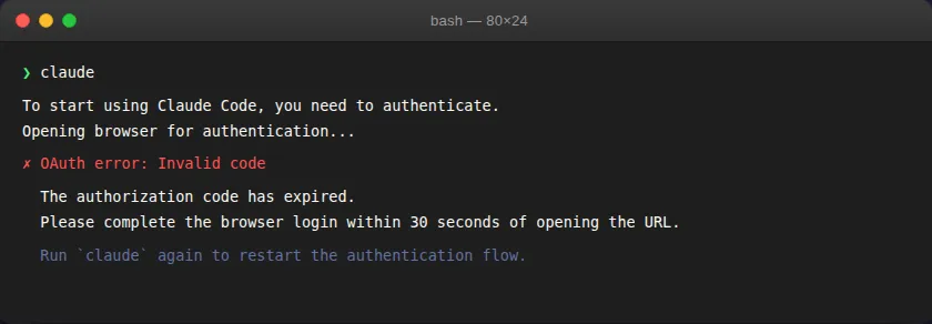 OAuth error: Invalid code 终端报错